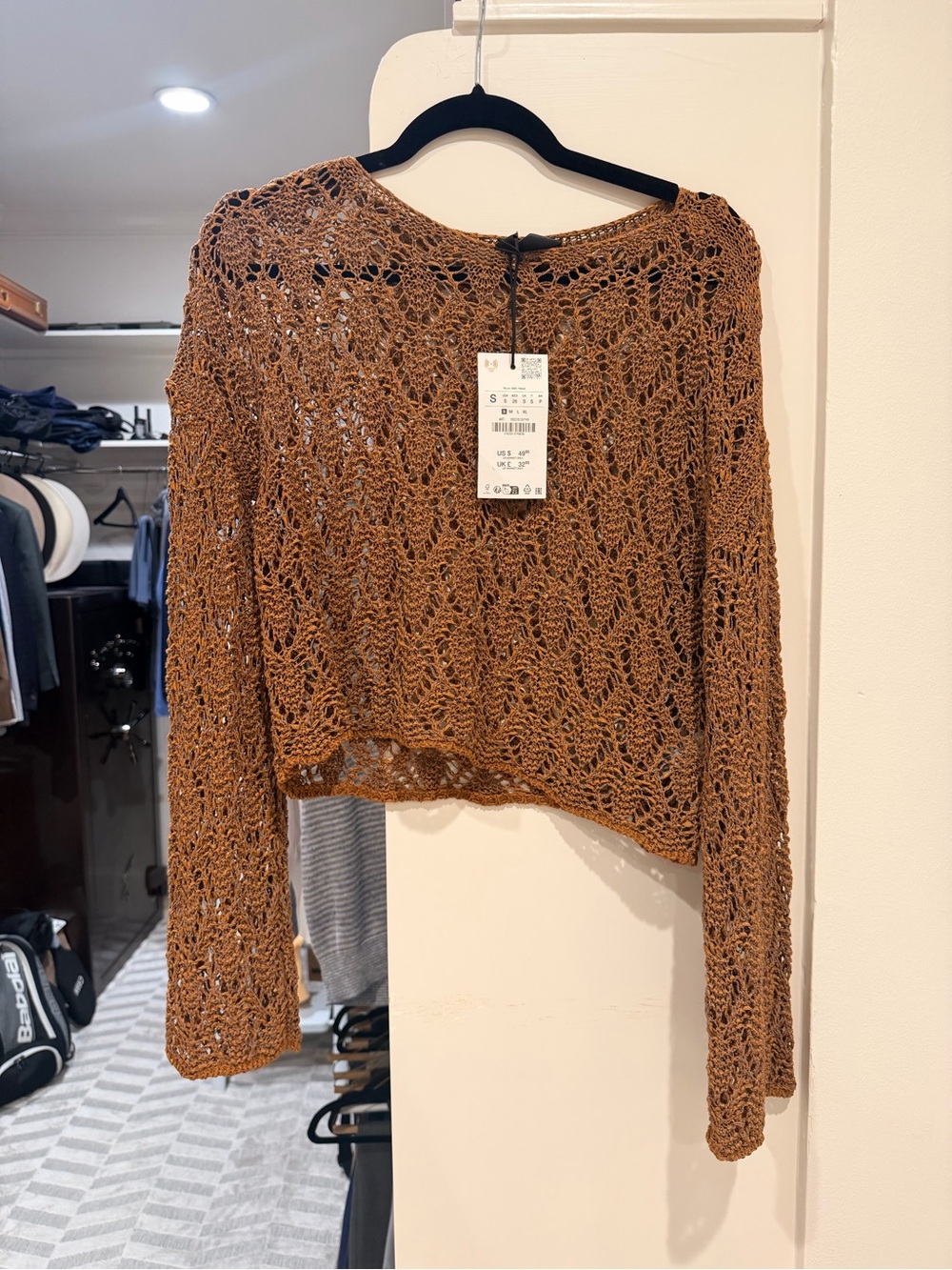 ZARA Lightweight Crocheted Long-Sleeve Top in Brown